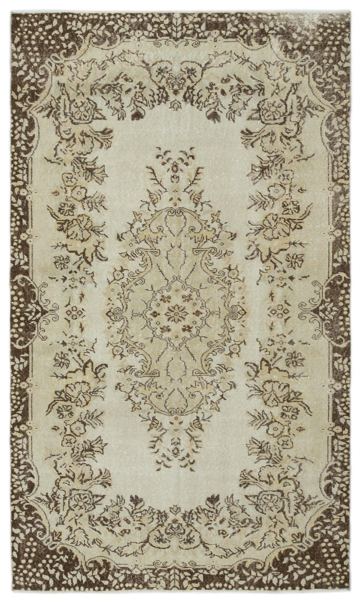 Beige and brown vintage-style rug with a central floral medallion and a decorative border on a white background.