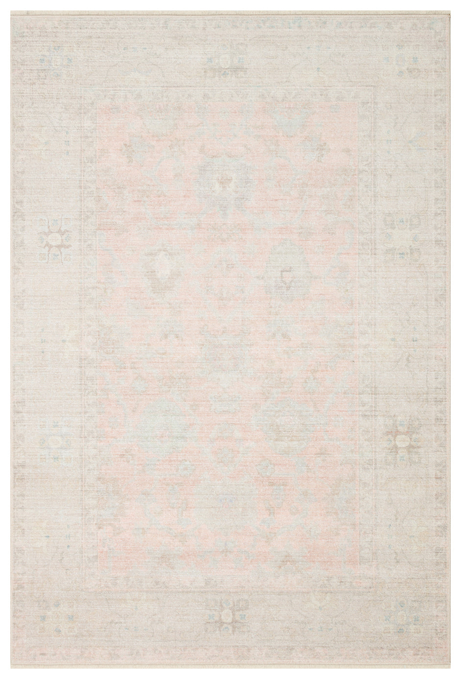 Beige and pale pink traditional rug with a faded floral medallion pattern on a white background.