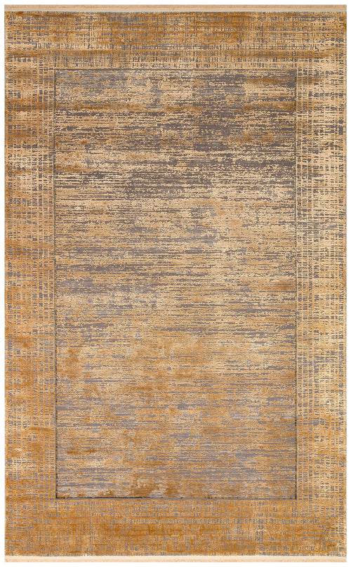 Load image 1 in gallery view. Gold and grey distressed abstract rug with a textured horizontal linear pattern and a defined border.