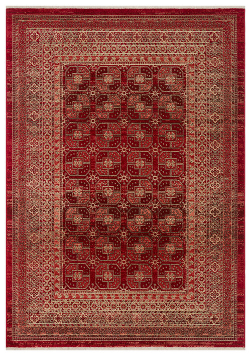 Load image 1 in gallery view. Deep red traditional rug with a repeating geometric medallion pattern and a decorative beige border.