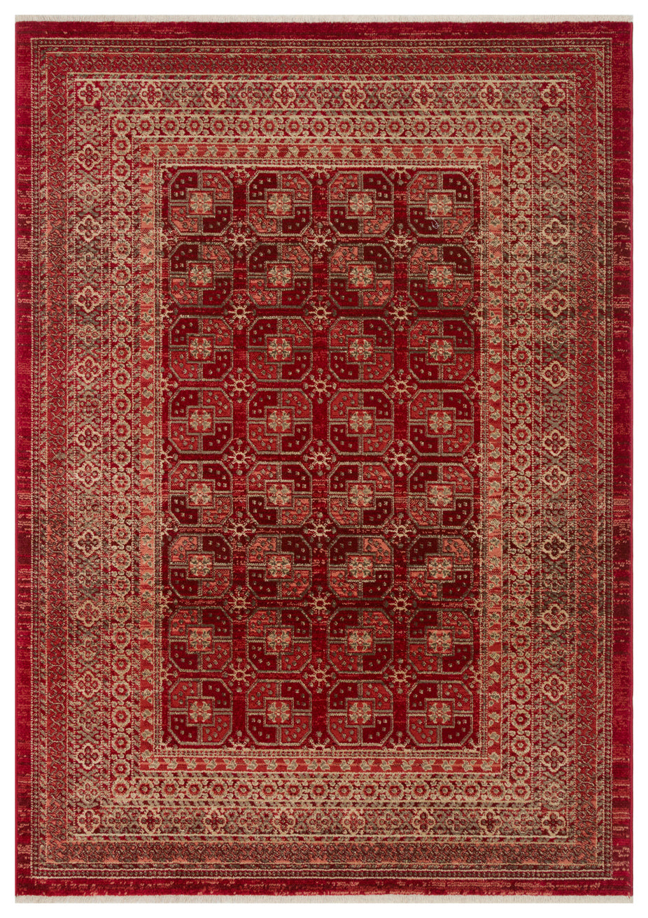 Deep red traditional rug with a repeating geometric medallion pattern and a decorative beige border.