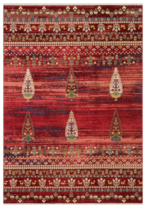 Load image 1 in gallery view. Red rug with horizontal bands of floral motifs and repeating paisley-style tree patterns in blue, cream, and olive.