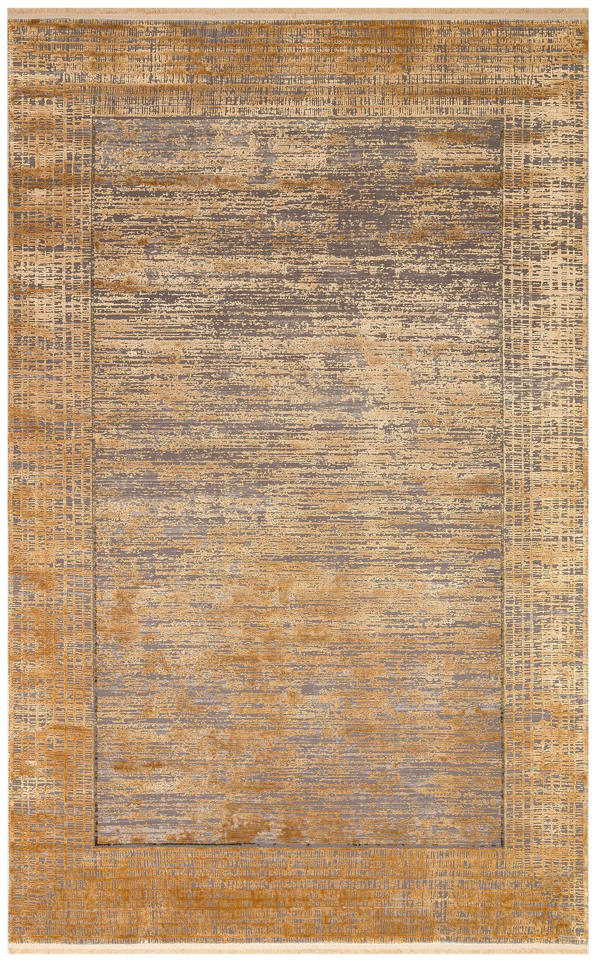Gold and grey distressed abstract rug with a textured horizontal linear pattern and a defined border.