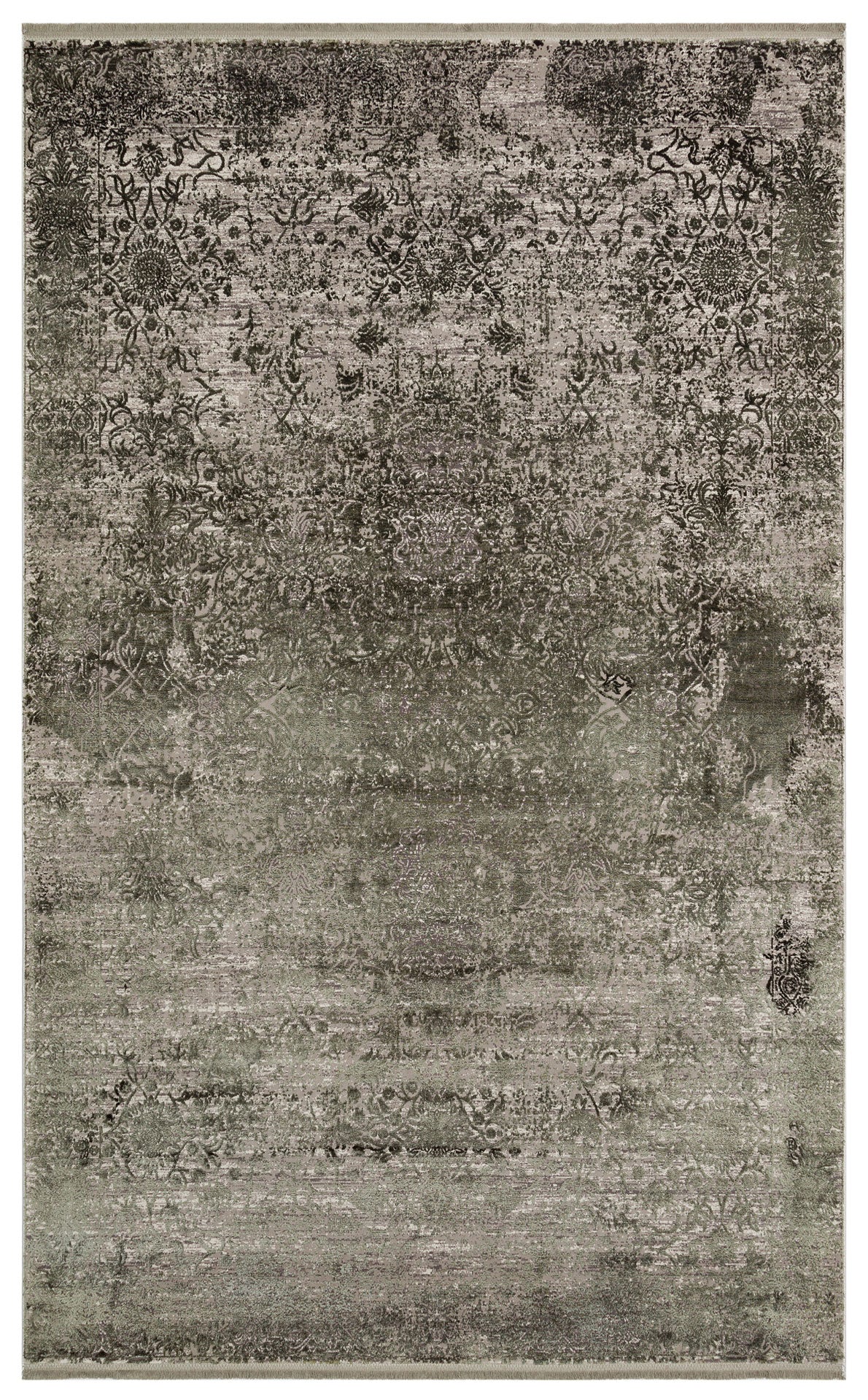 Charcoal and grey distressed rug with a faded traditional floral medallion pattern on a white background.