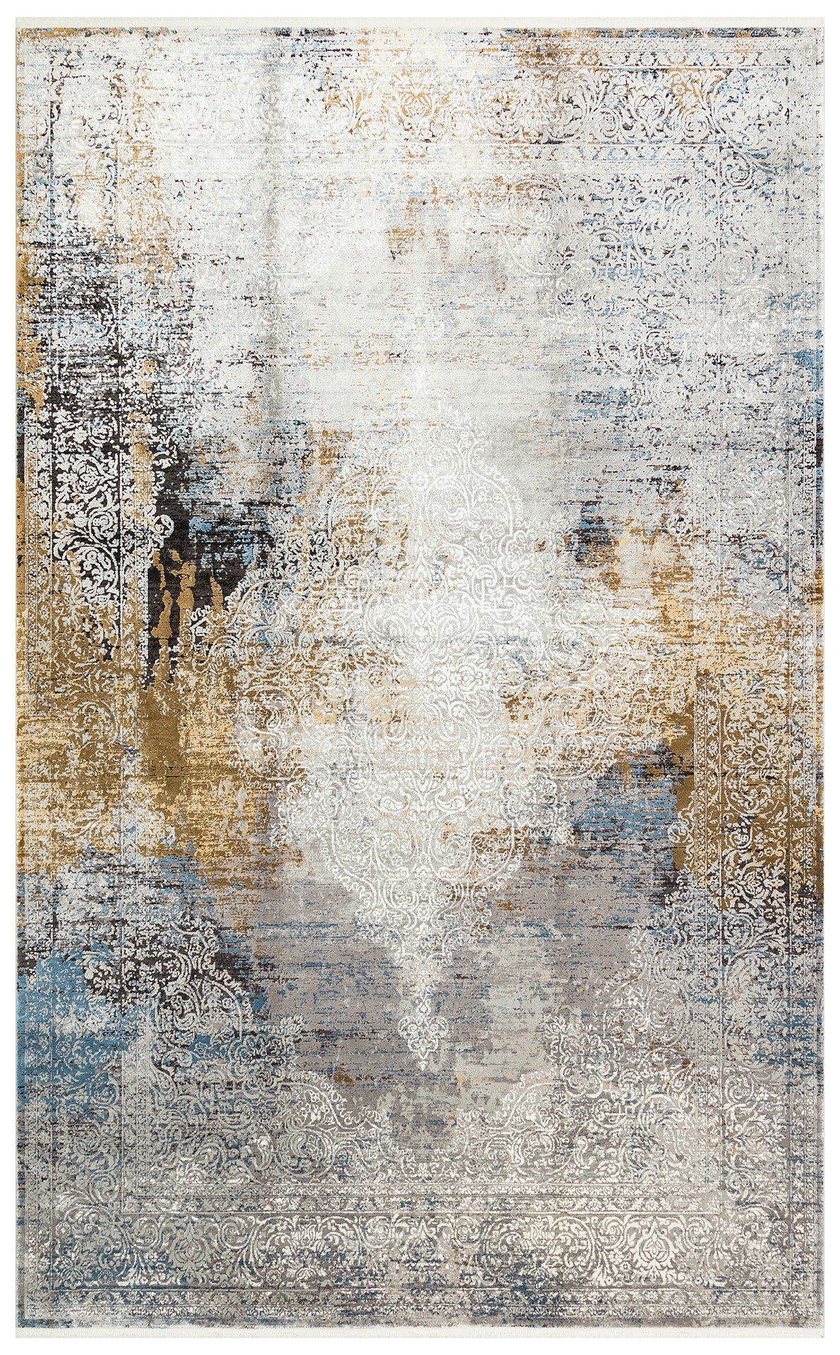Distressed area rug with a central white medallion, featuring abstract blue, gold, and grey patterns on a white background.