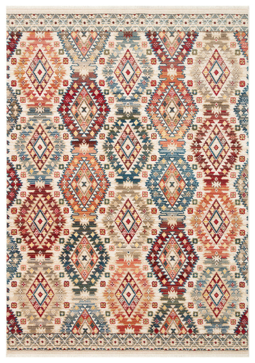 Load image 1 in gallery view. Multi-colored southwestern rug with a repeating diamond pattern in red, blue, orange, and beige on a cream background.