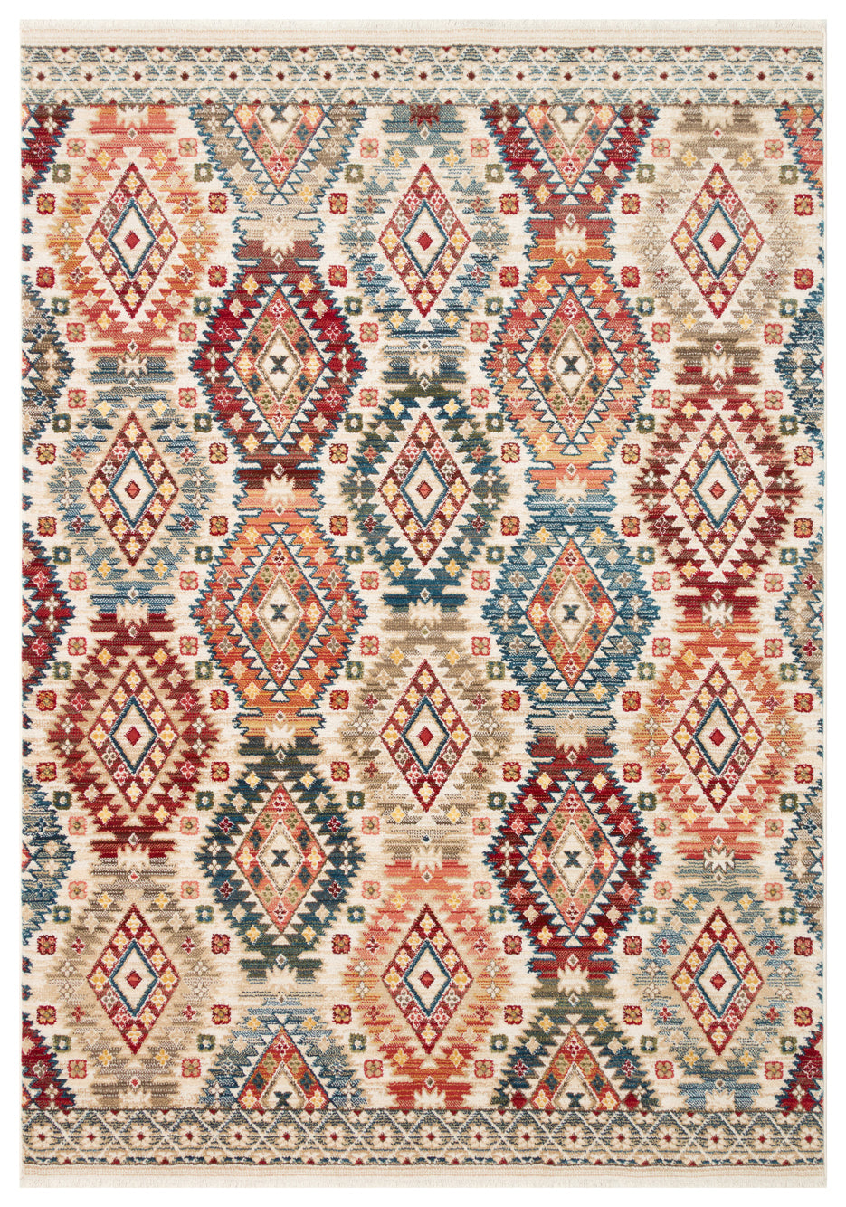 Multi-colored southwestern rug with a repeating diamond pattern in red, blue, orange, and beige on a cream background.