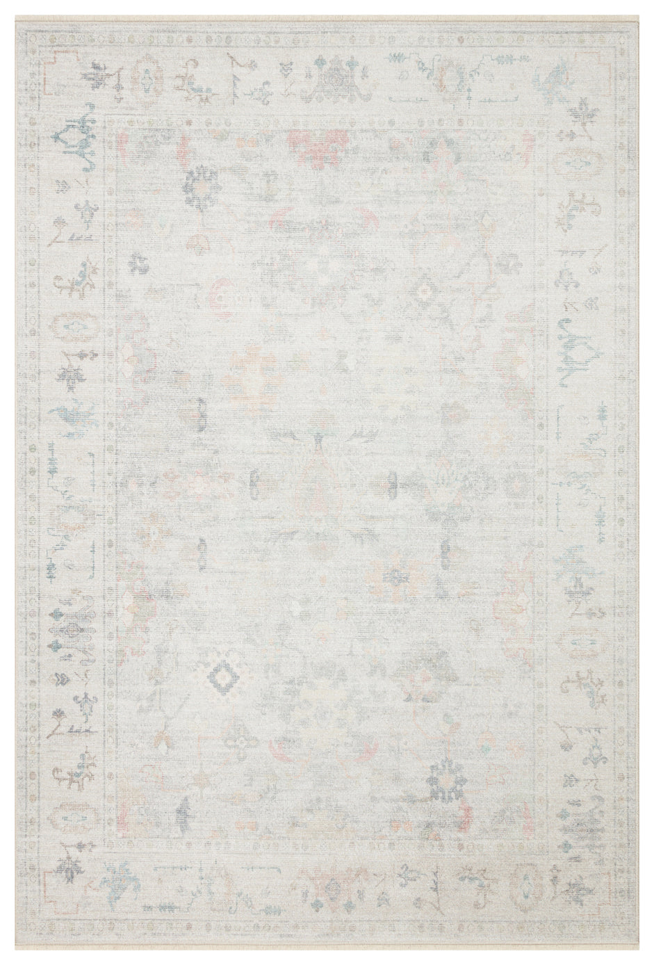 Off-white area rug with a faded, traditional Persian-style floral pattern in muted blue, grey, and peach tones.