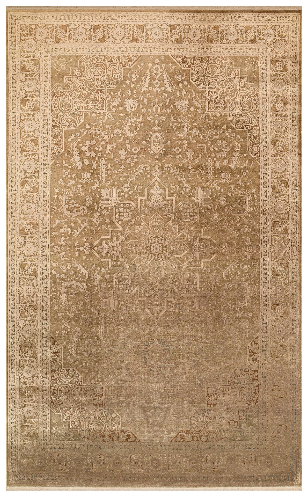 Tan and beige traditional rug with a central medallion and ornate floral border on a white background.