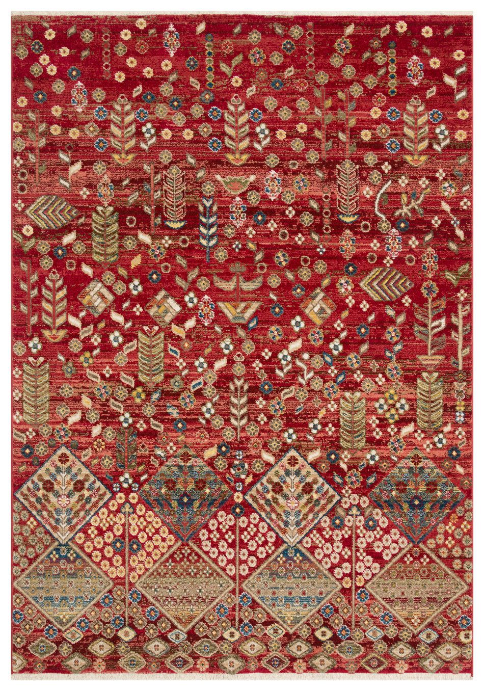 Red rug with a scattered floral and botanical pattern above a border of diamond-shaped panels containing intricate motifs.