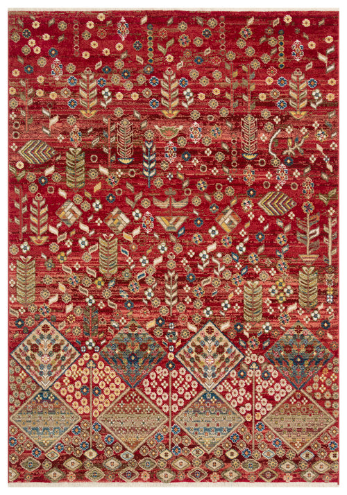 Load image 1 in gallery view. Red rug with a scattered floral and botanical pattern above a border of diamond-shaped panels containing intricate motifs.