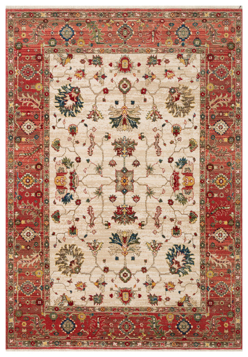 Load image 1 in gallery view. Cream rug with a red border and a traditional floral medallion pattern in red, blue, green, and yellow.