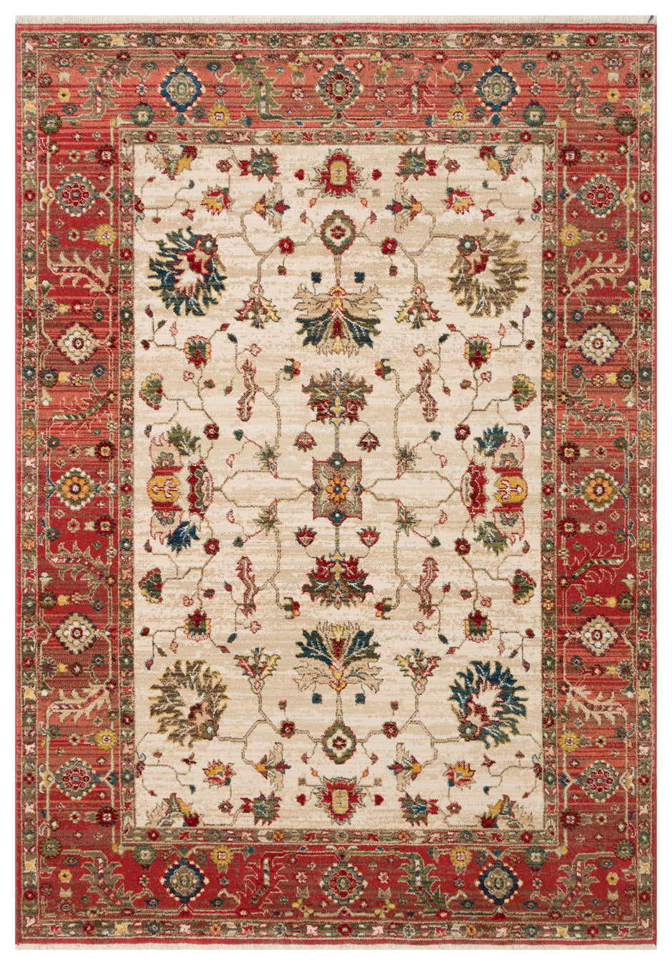 Cream rug with a red border and a traditional floral medallion pattern in red, blue, green, and yellow.