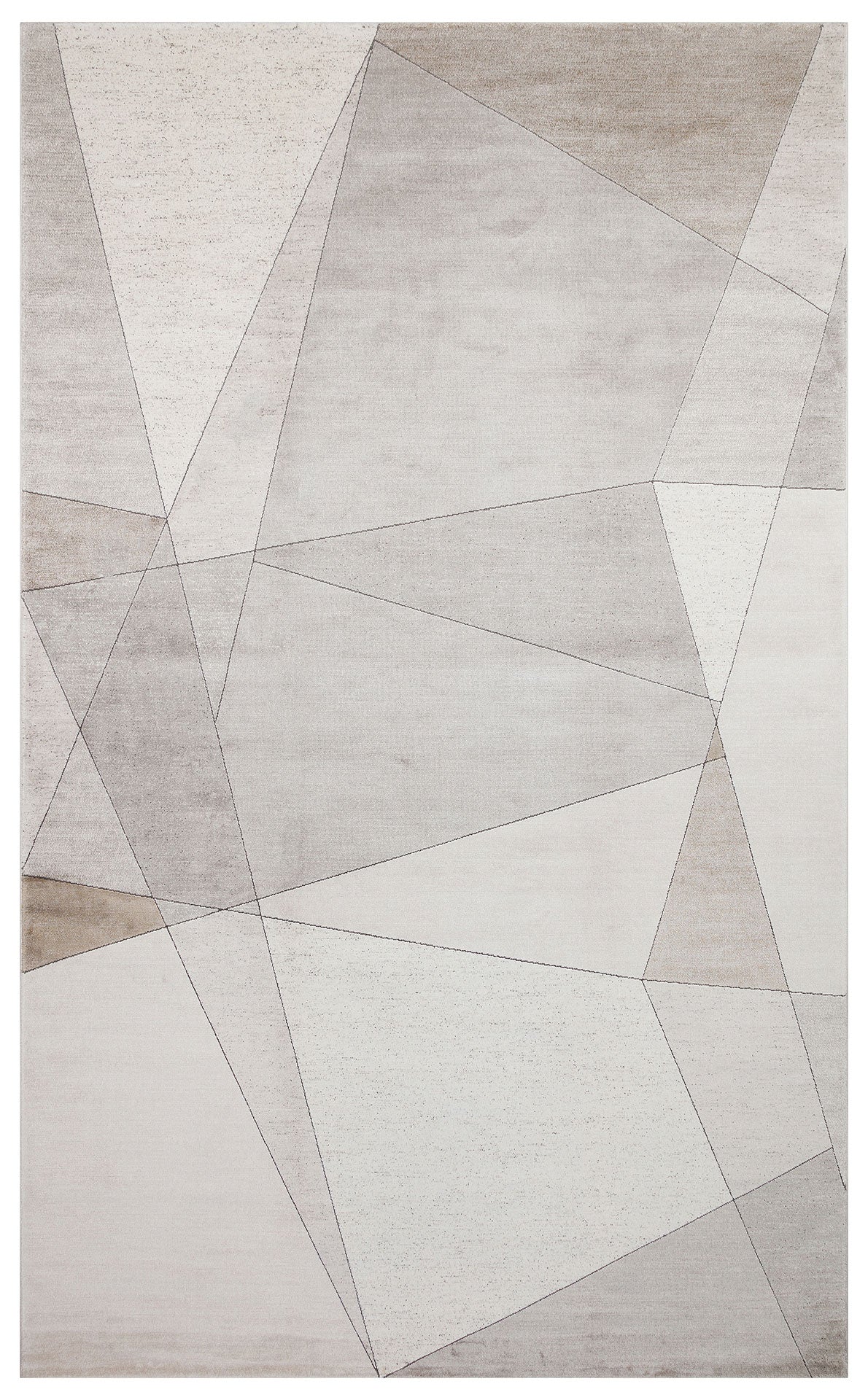 Grey and beige area rug featuring a minimalist geometric pattern of intersecting lines and angular shapes.