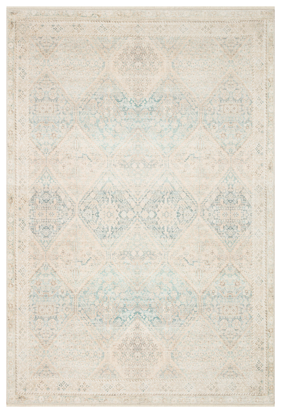 Cream and light blue traditional rug with a distressed, faded medallion and geometric border pattern.