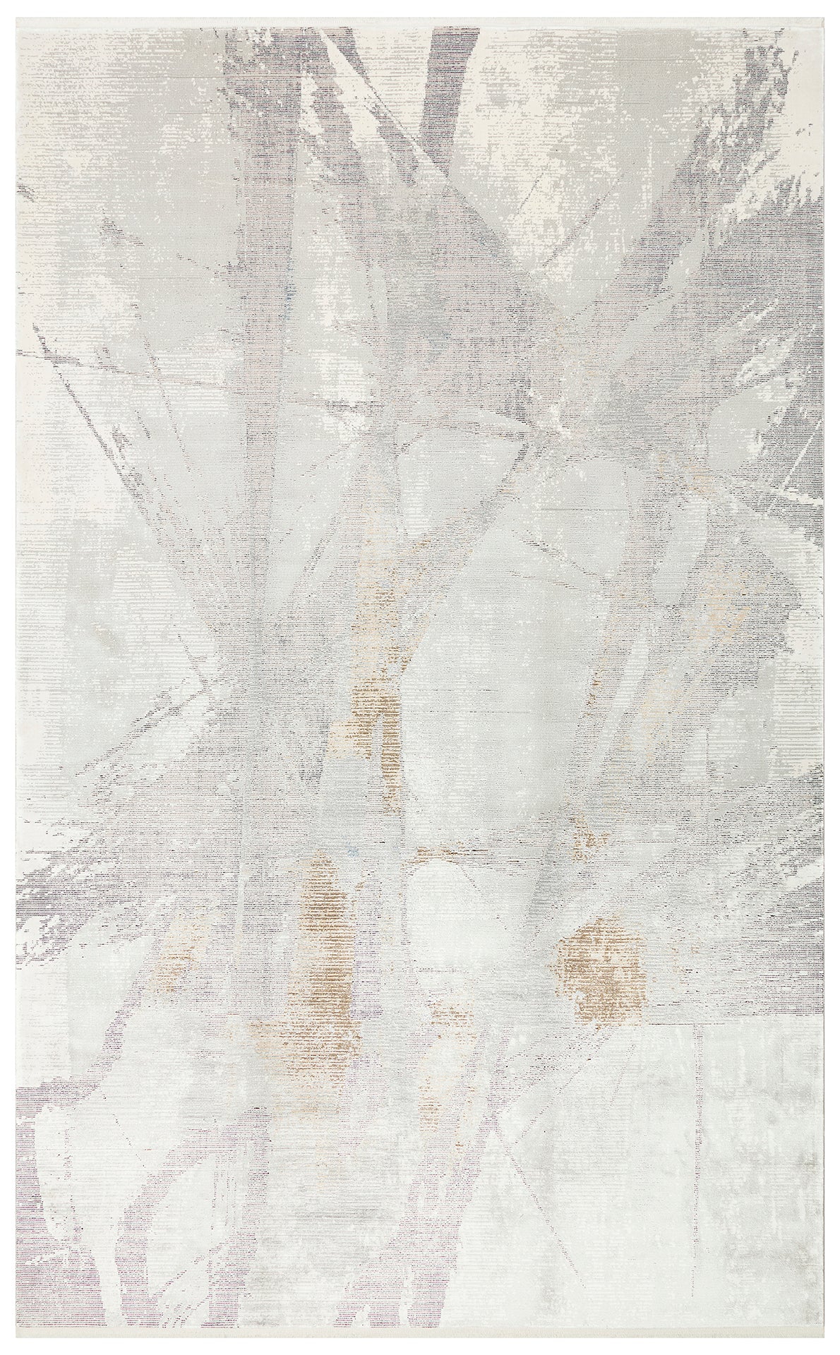 Grey and cream abstract rug with a distressed, layered linear pattern and subtle gold accents.