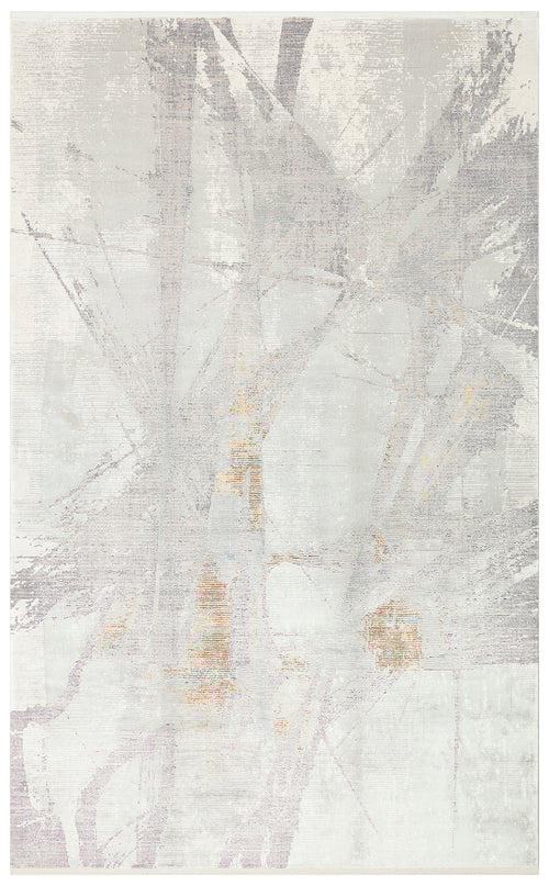 Load image 1 in gallery view. Grey and cream abstract rug with a distressed, layered linear pattern and subtle gold accents.