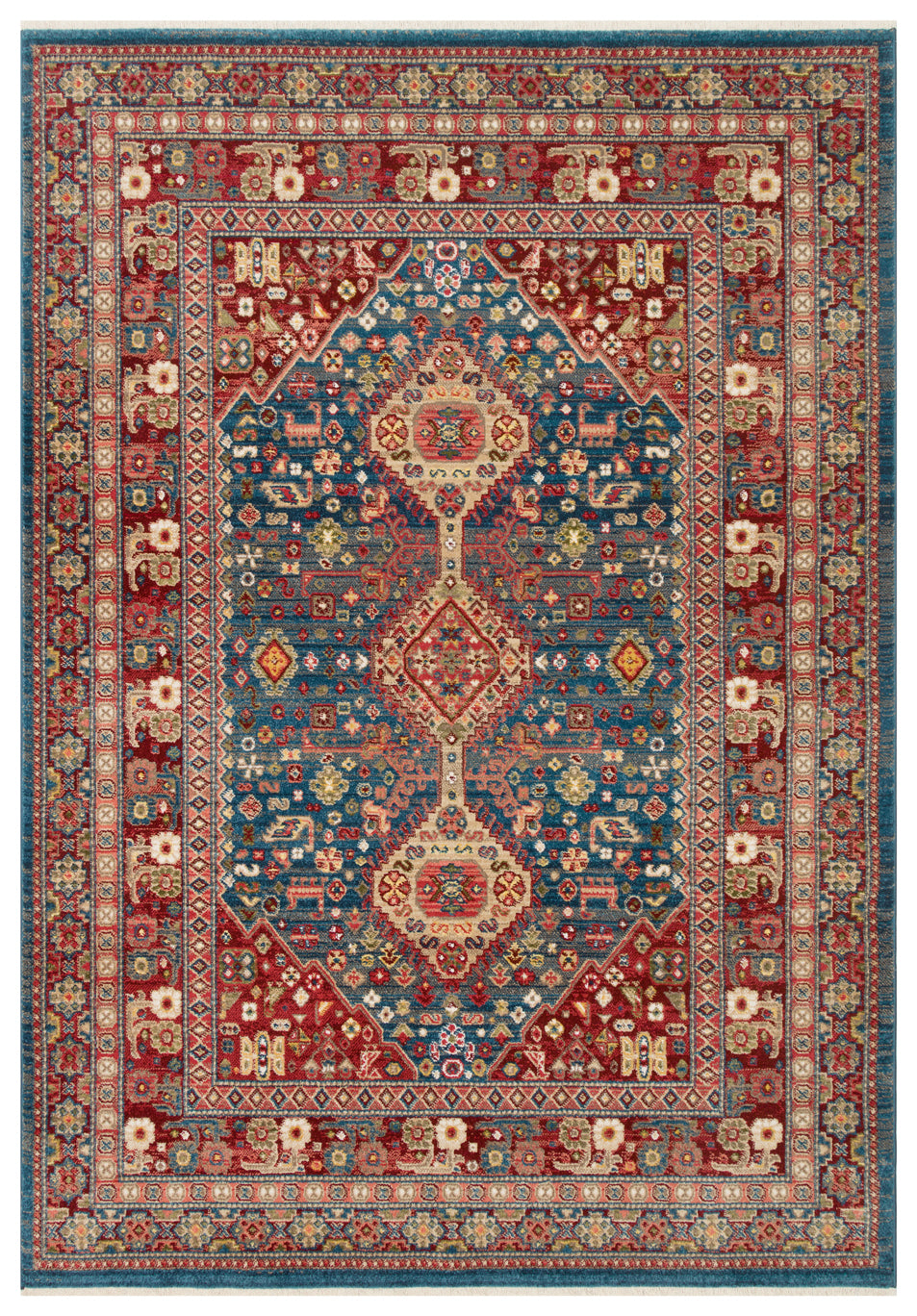 Traditional Persian-style rug with a blue central medallion, red borders, and intricate floral and geometric patterns.