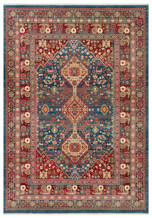 Load image 1 in gallery view. Traditional Persian-style rug with a blue central medallion, red borders, and intricate floral and geometric patterns.