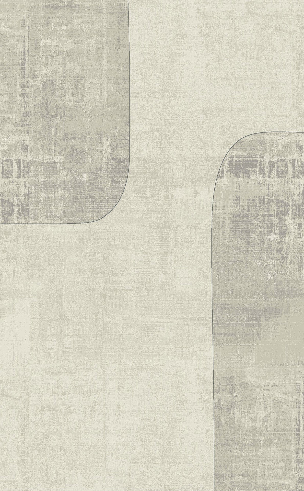 Beige and grey rug with a minimalist abstract pattern of large, distressed curved shapes.