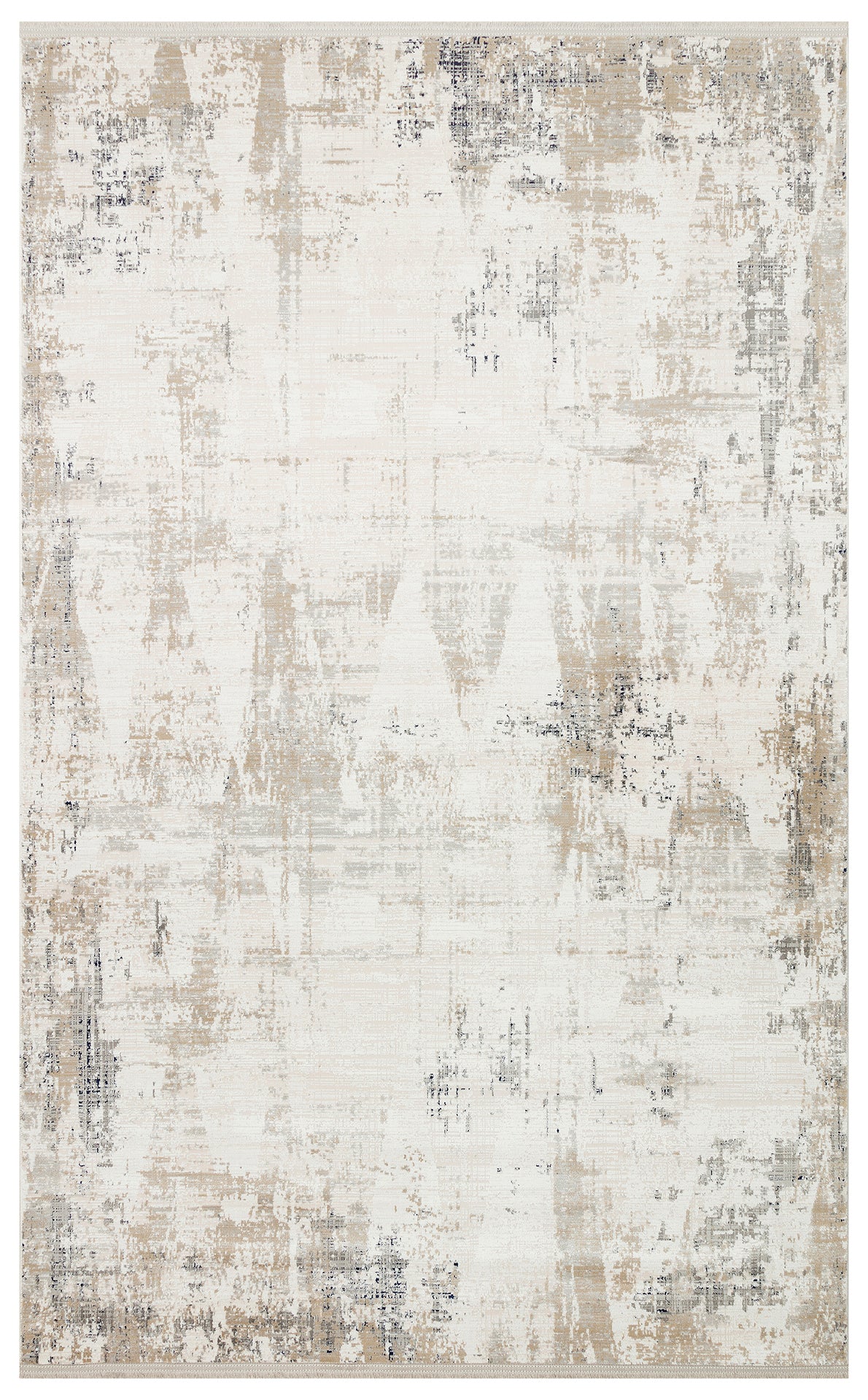 White, beige, and charcoal grey area rug with a distressed, abstract textured pattern.