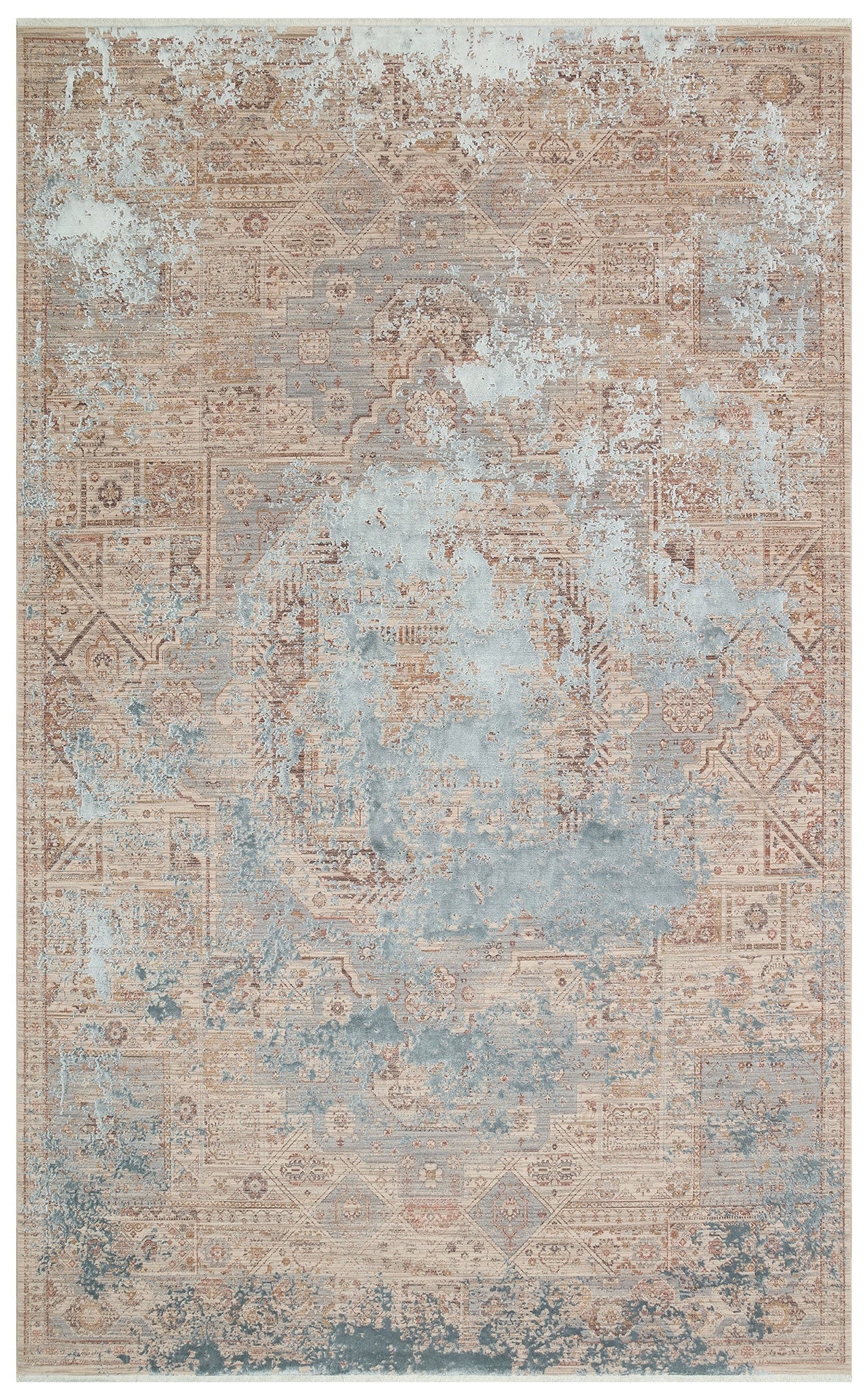 Beige and light blue traditional medallion rug with a distressed, faded finish.