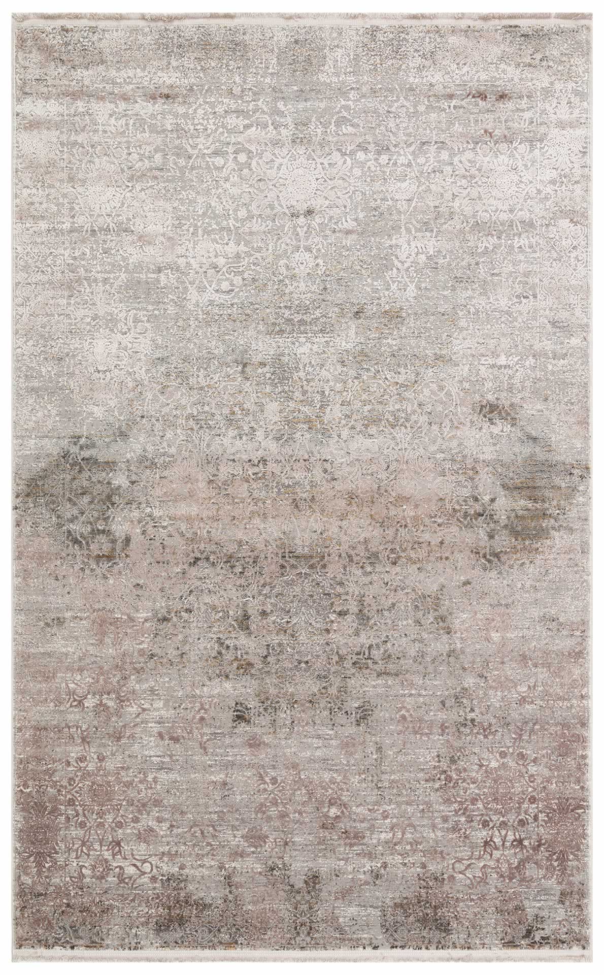 Grey and taupe distressed area rug with a faded traditional floral medallion pattern.