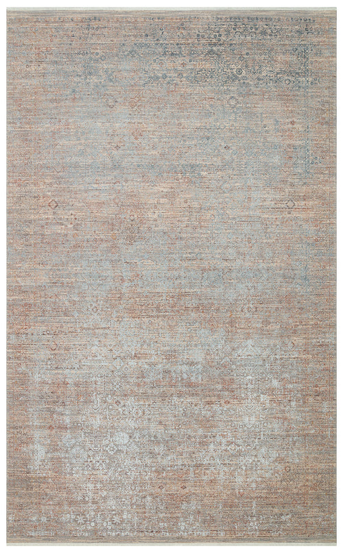 Load image 1 in gallery view. Beige and slate blue area rug with a distressed, faded traditional medallion pattern and a subtle horizontal texture.