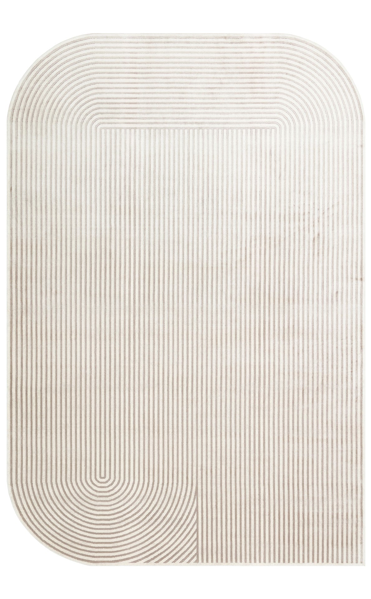 Cream and beige oval rug with a minimalist linear pattern of concentric rounded rectangles and vertical stripes.