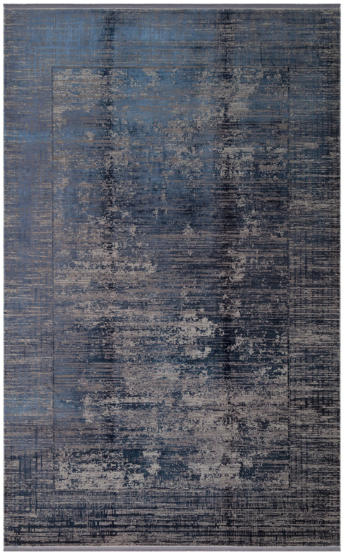 Navy blue and grey area rug with a distressed, horizontal linear pattern and a defined border.