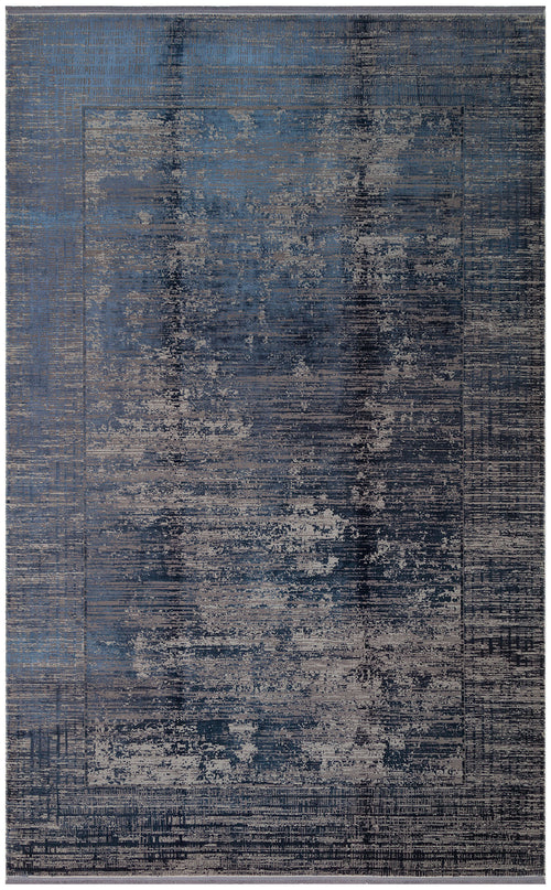 Load image 1 in gallery view. Navy blue and grey area rug with a distressed, horizontal linear pattern and a defined border.