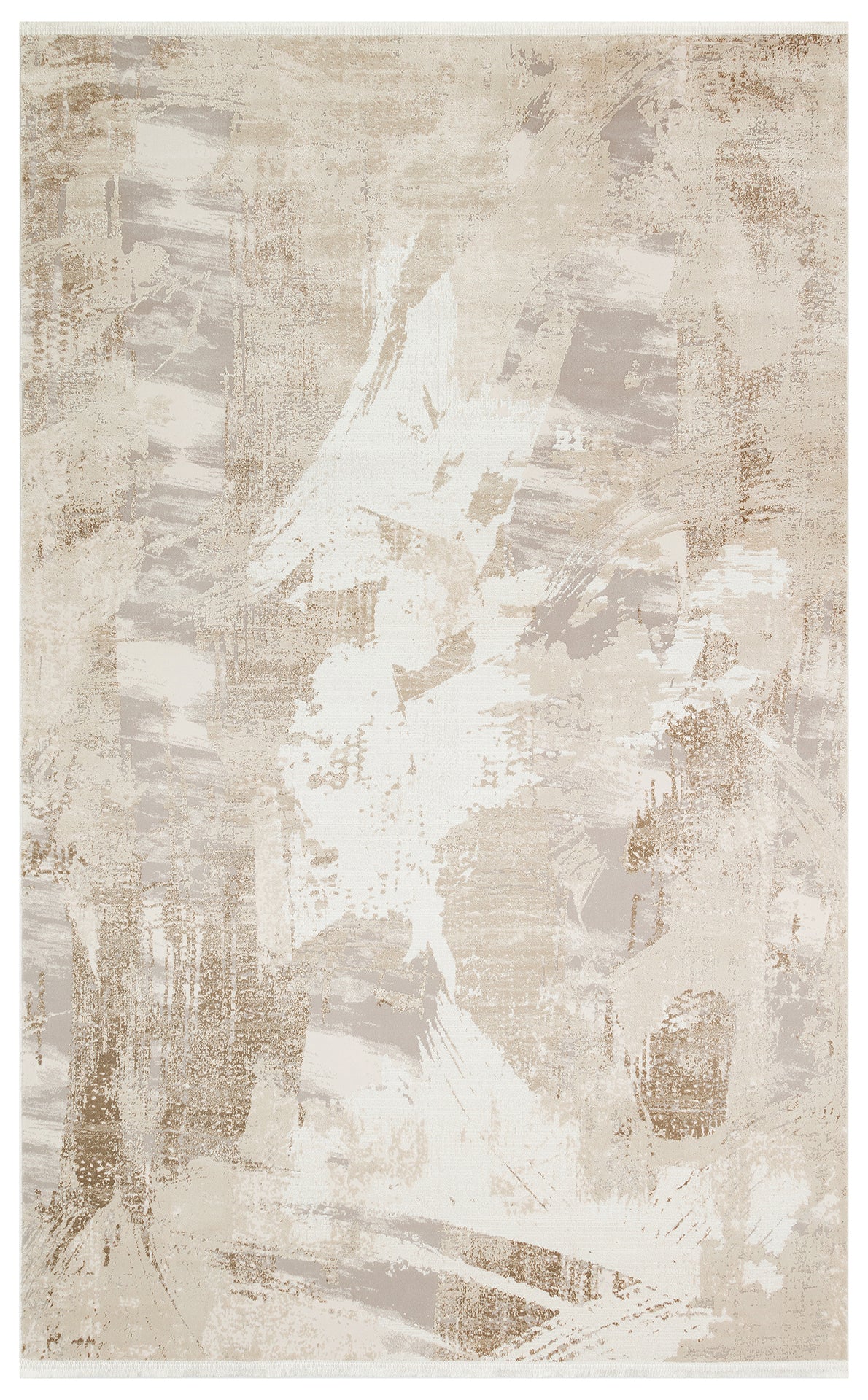 Cream, beige, and taupe area rug with an abstract, distressed brushstroke pattern.