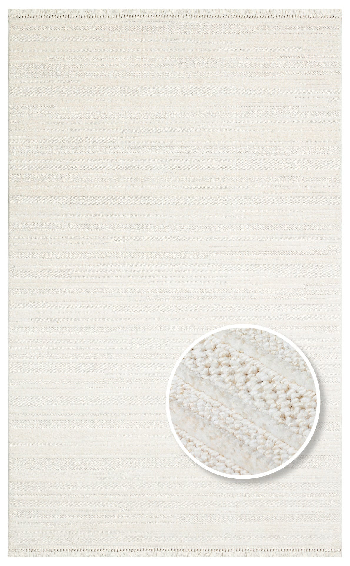 Off-white area rug with a subtle horizontal striped texture and a circular detail showing a close-up of the weave.
