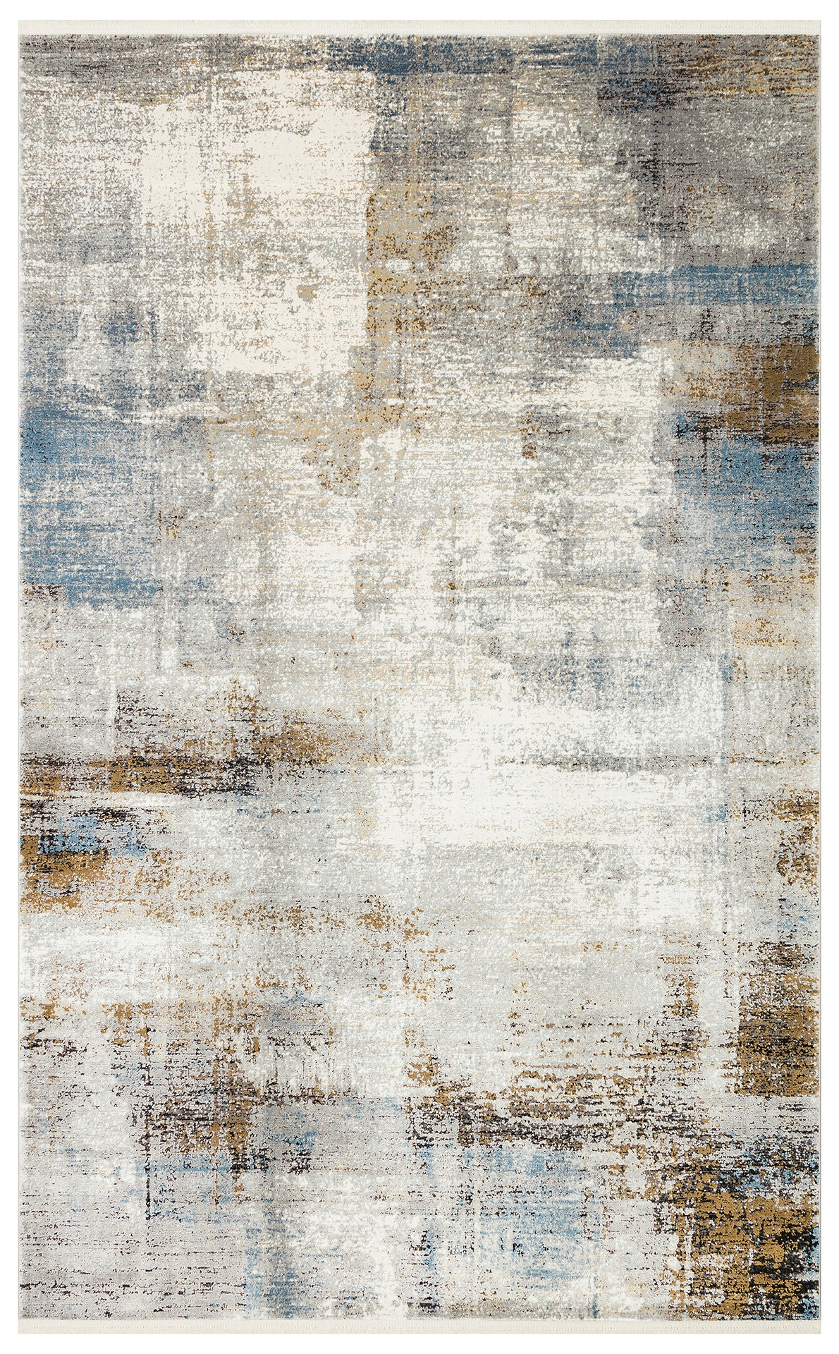 Abstract area rug with a distressed, painterly pattern in shades of blue, gold, grey, and cream on a white background.