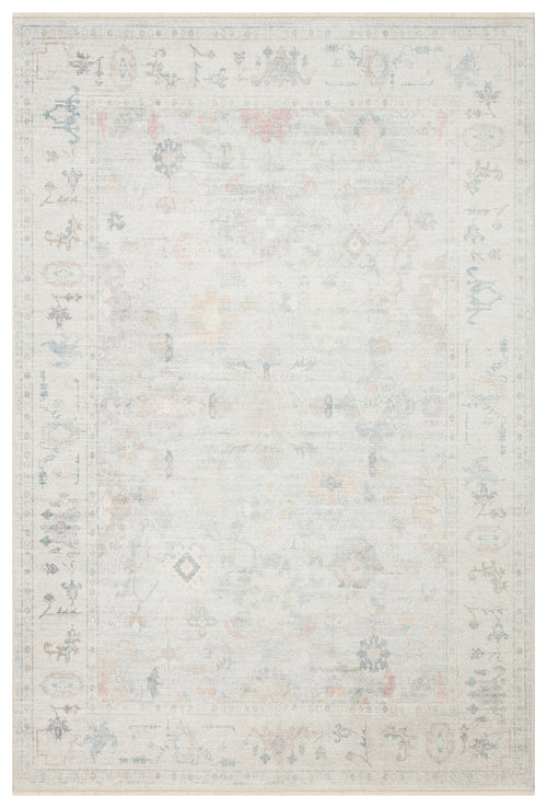 Bild 1 in Galerieansicht laden. Off-white area rug with a faded, traditional Persian-style floral pattern in muted blue, grey, and peach tones.