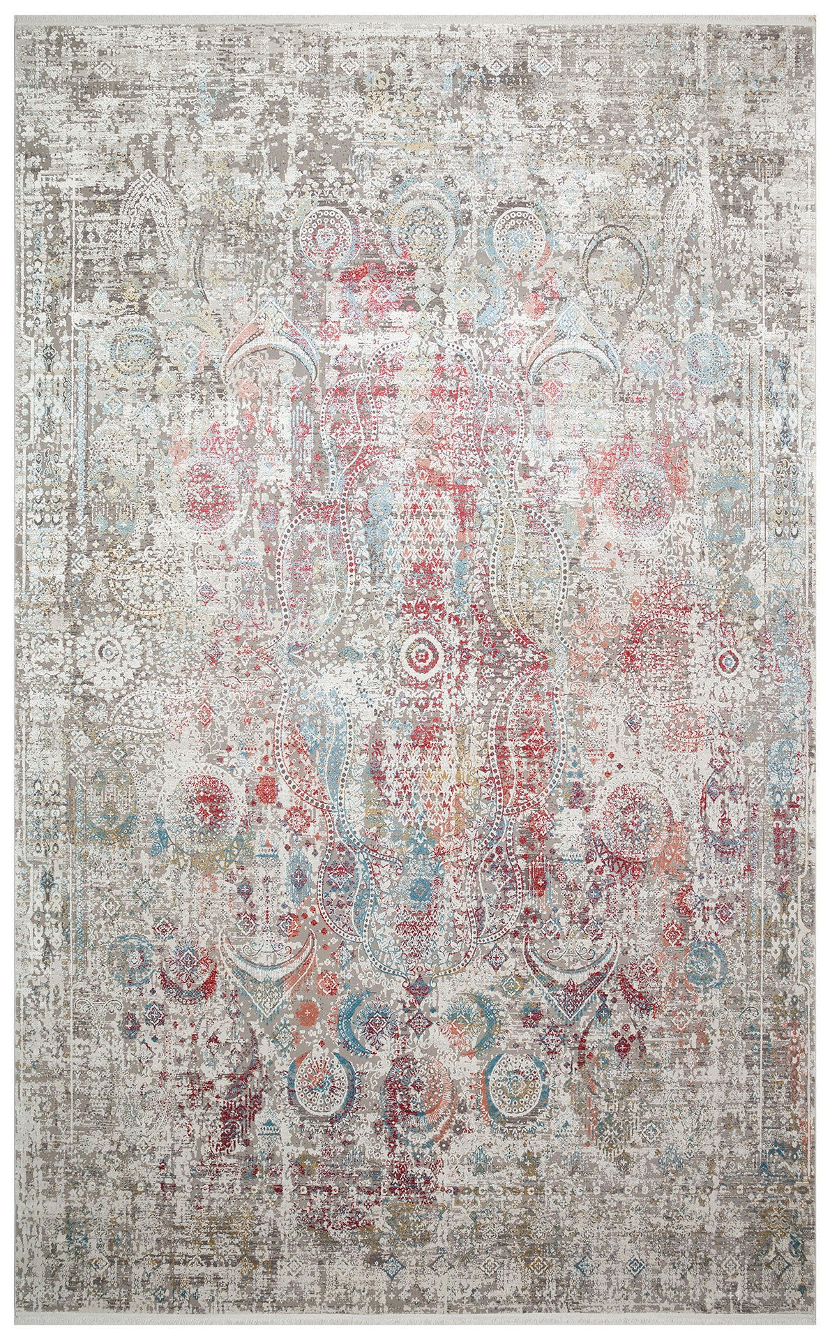 Beige, red, and blue distressed traditional rug with a central medallion and ornate border pattern.