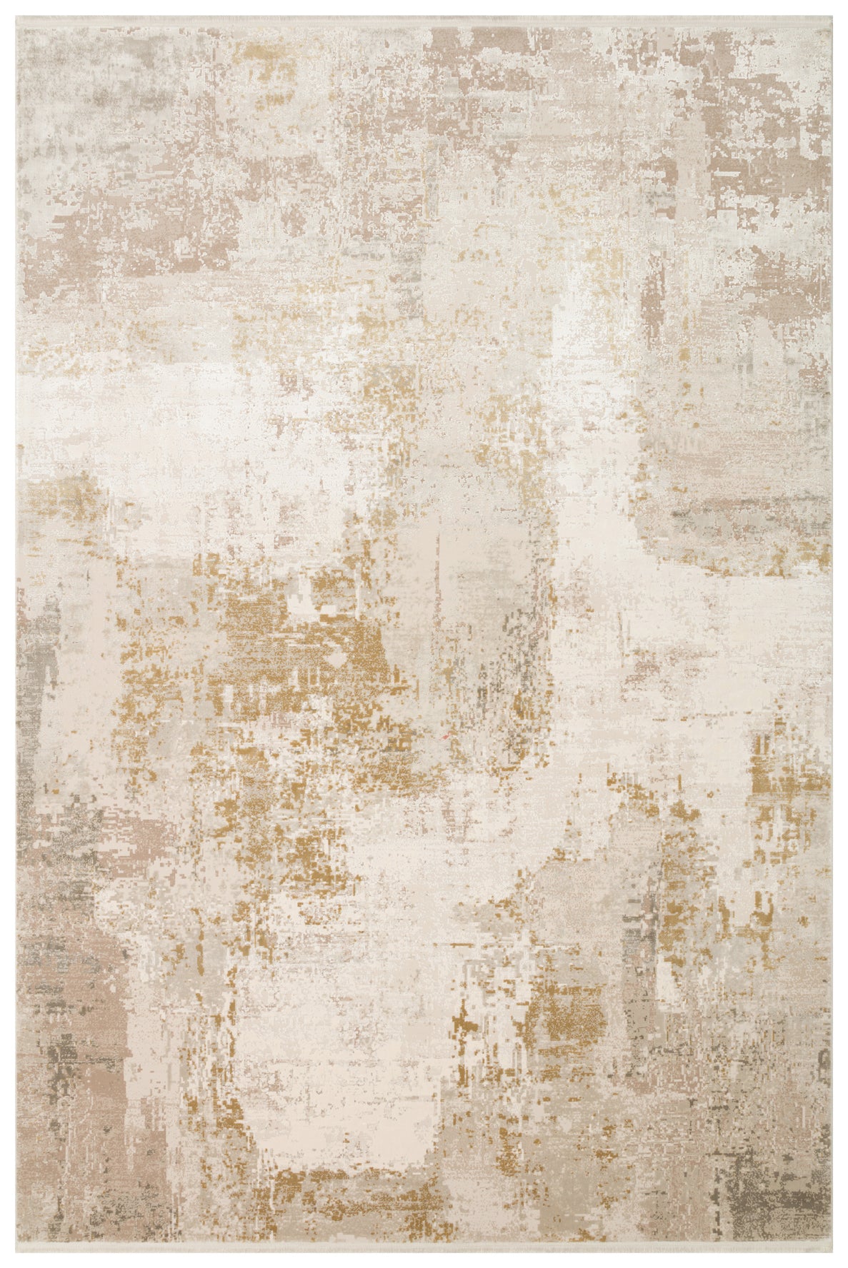 Cream, beige, and gold area rug with a distressed, abstract textured pattern.
