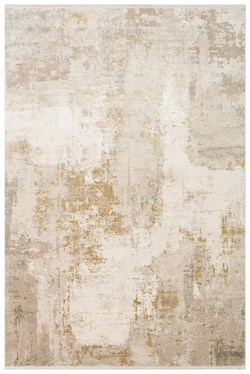Load image 1 in gallery view. Cream, beige, and gold area rug with a distressed, abstract textured pattern.
