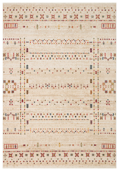 Load image 1 in gallery view. Beige area rug with a distressed finish and a multi-colored geometric pattern of small diamonds, stripes, and symbols.