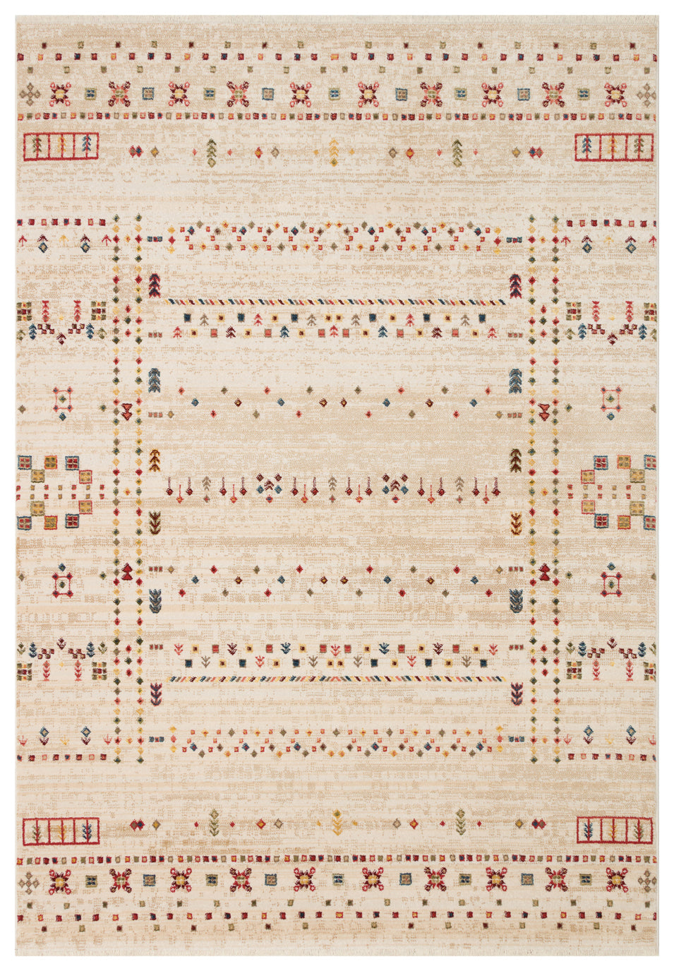 Beige area rug with a distressed finish and a multi-colored geometric pattern of small diamonds, stripes, and symbols.