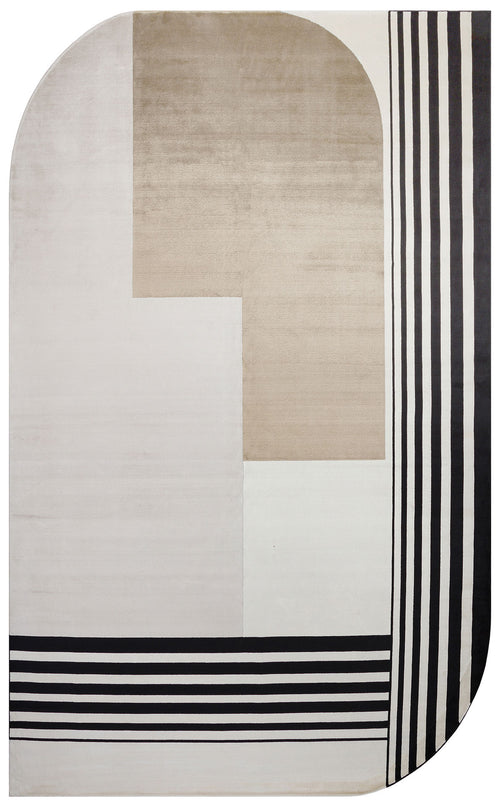 Bild 1 in Galerieansicht laden. Arched rug with a cream, beige, and black geometric block pattern featuring vertical and horizontal stripes.
