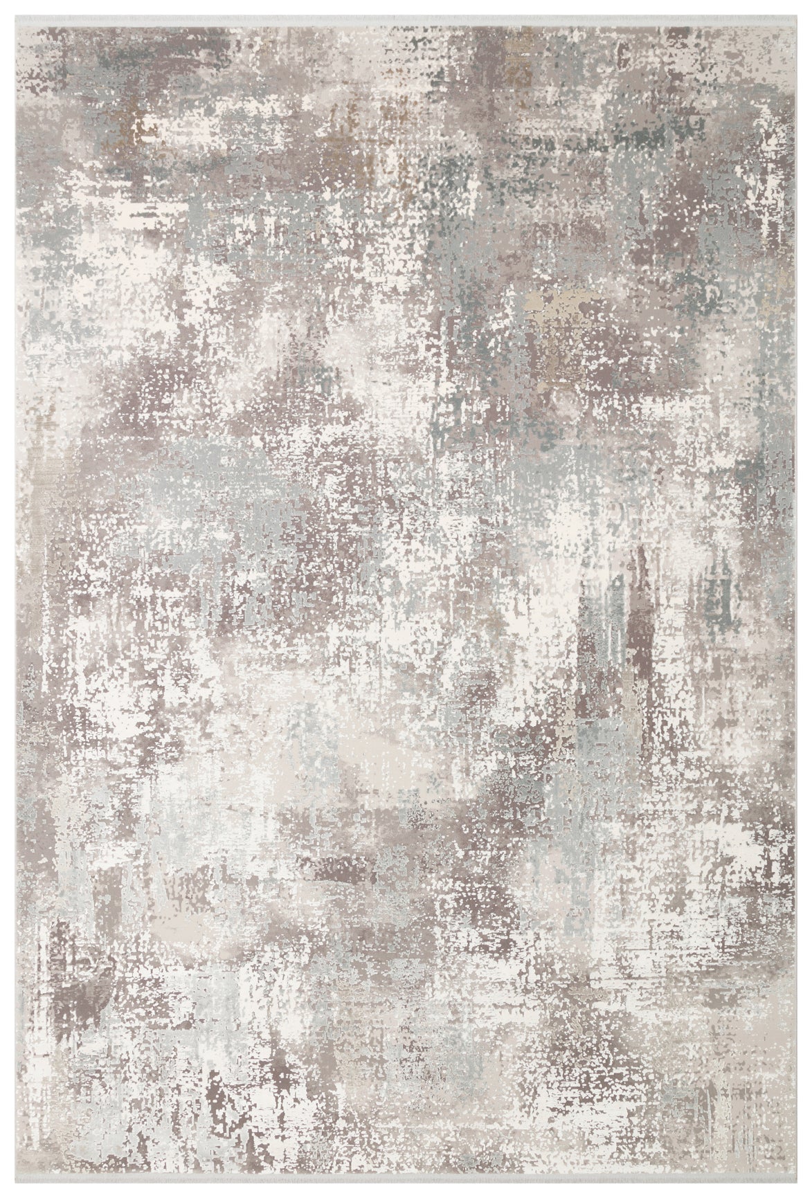 Taupe, grey, and cream area rug with a distressed, abstract mottled pattern.