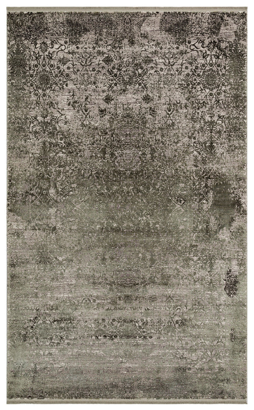 Load image 1 in gallery view. Charcoal and grey distressed rug with a faded traditional floral medallion pattern on a white background.