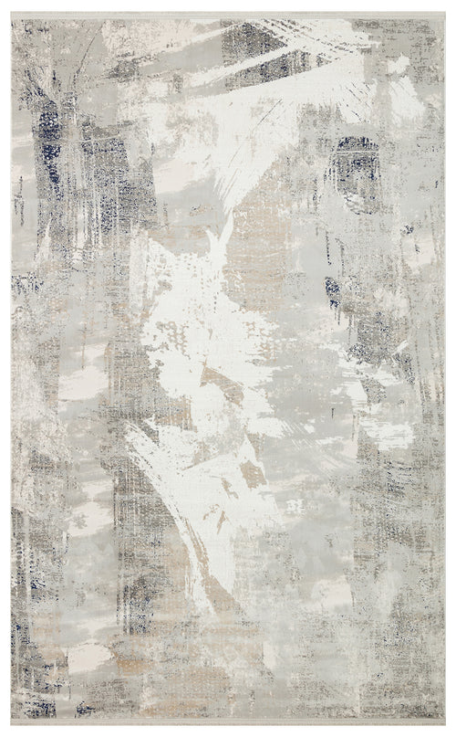 Load image 1 in gallery view. Grey, white, and navy abstract rug with a distressed, brushstroke-inspired pattern.