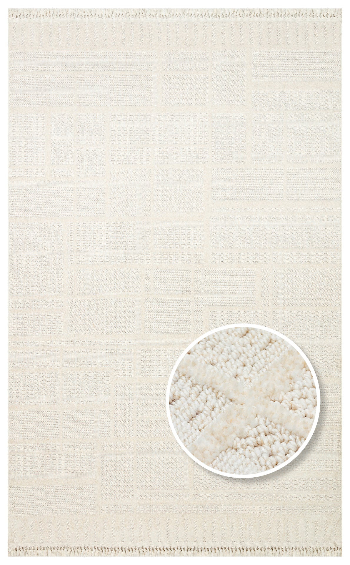 Off-white monochromatic rug with a subtle geometric block pattern and a circular close-up detail of the textured pile.