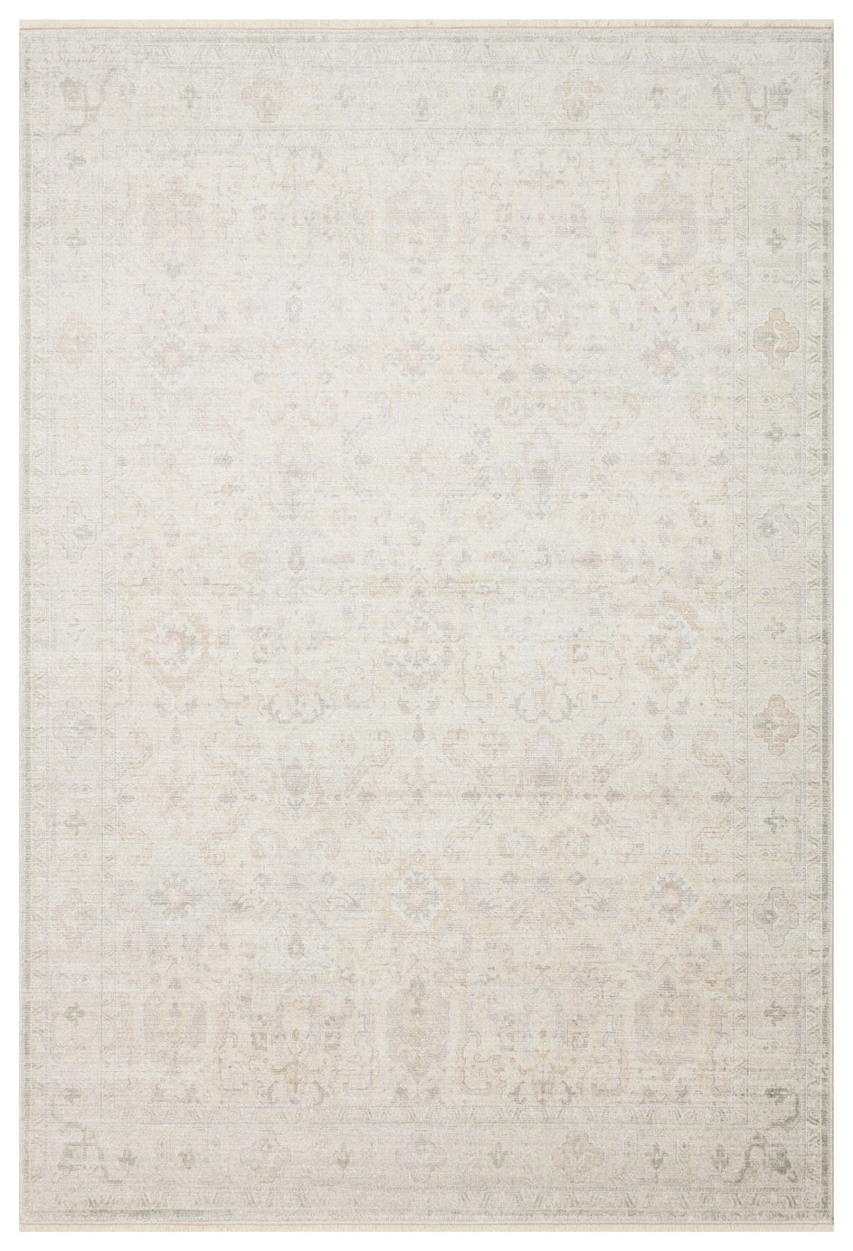 Off-white area rug with a faint, distressed traditional medallion pattern in muted beige, grey, and soft peach tones.