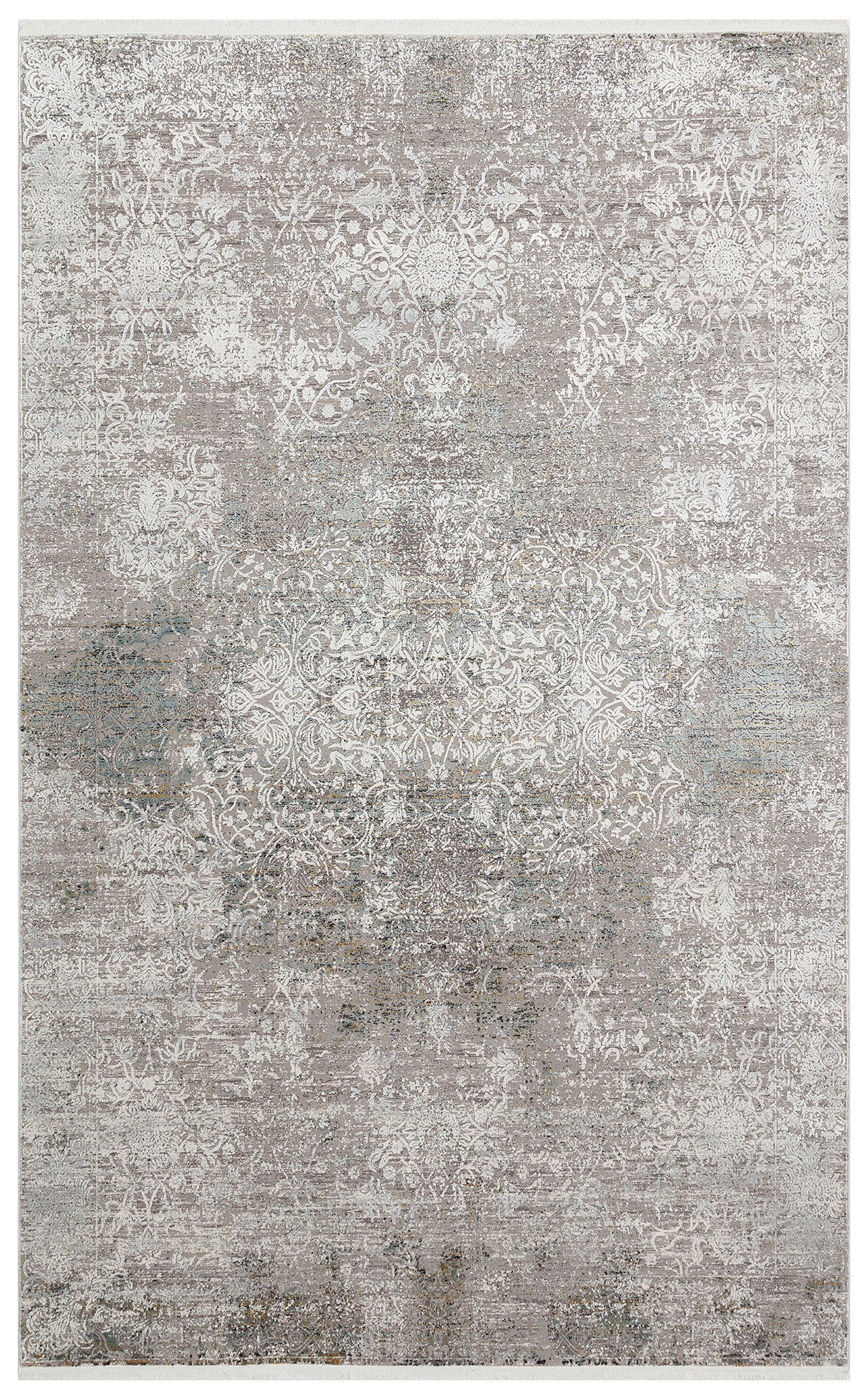 Taupe and white distressed area rug with a faded traditional floral medallion pattern.