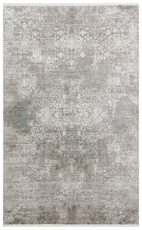 Bild 1 in Galerieansicht laden. Taupe and white distressed area rug with a faded traditional floral medallion pattern.