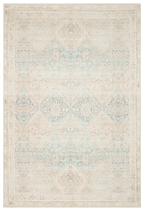 Load image 1 in gallery view. Cream and light blue traditional rug with a distressed, faded medallion pattern on a white background.