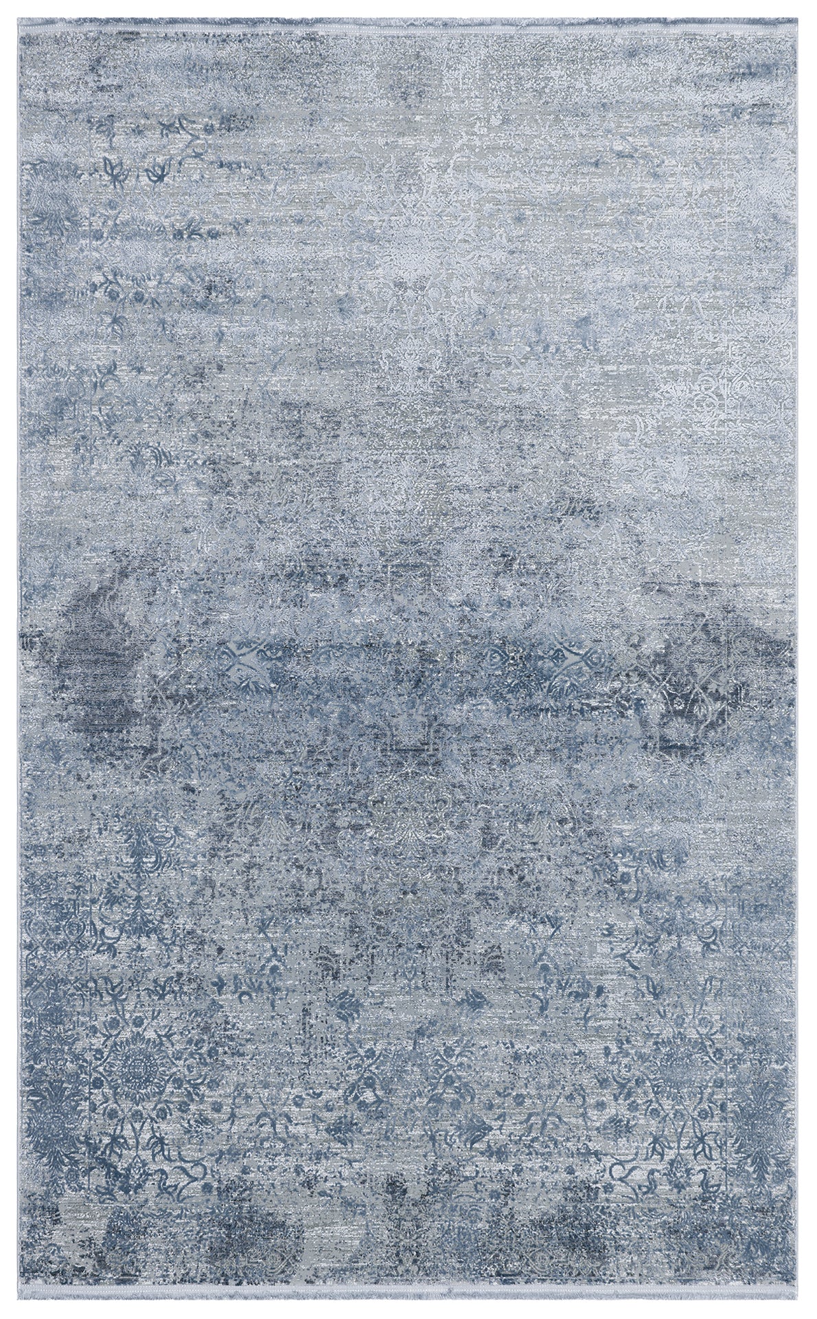 Blue and grey distressed rug with a faded traditional medallion pattern.
